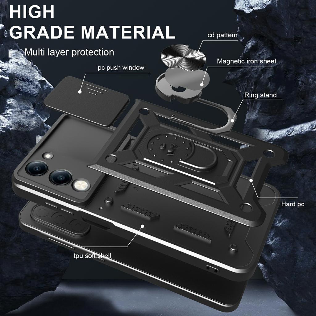 For vivo Y29s 5G/Y04 4G Case with Slide Camera Lid PC+TPU Kickstand Phone Cover