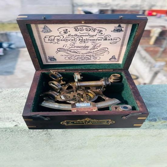 12.7 cm Brass Compass Sextant with Wooden Case Perfect Navigational Tool for Mariners Collectors J Scott London-Brass Sextant Gift
