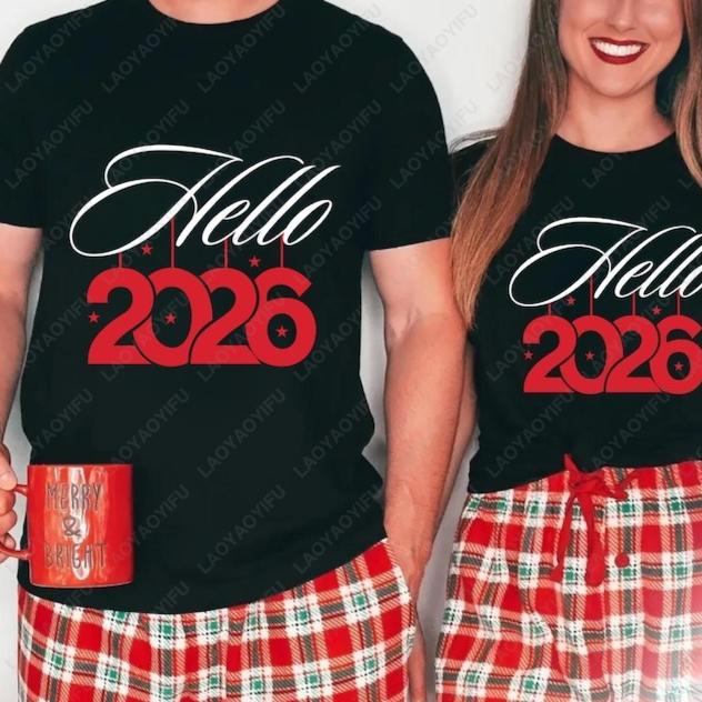 Hello 2026 New Years Eve Matching Unisex Adult Cotton Tee Festival Graphic  Simple Style Regular Short Sleeve Lovers Clothes