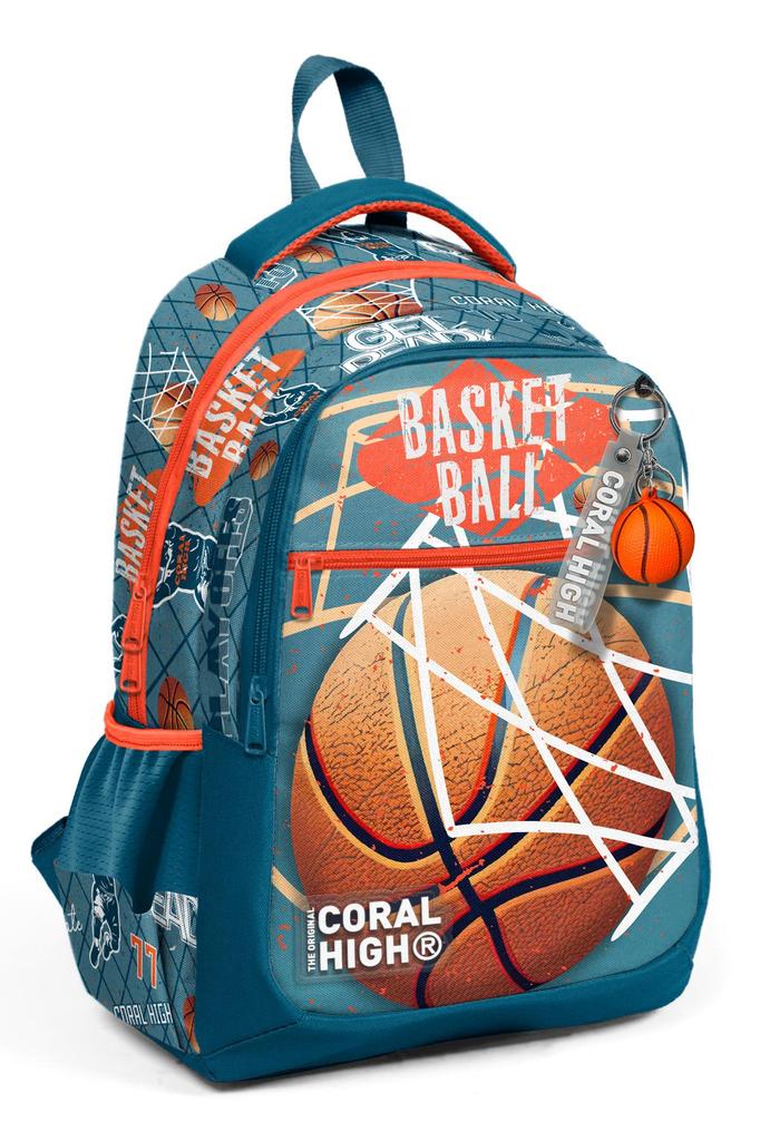 Tříkomorový školní batoh Coral High Kids Nefti Orange Basketbalový vzor 23651