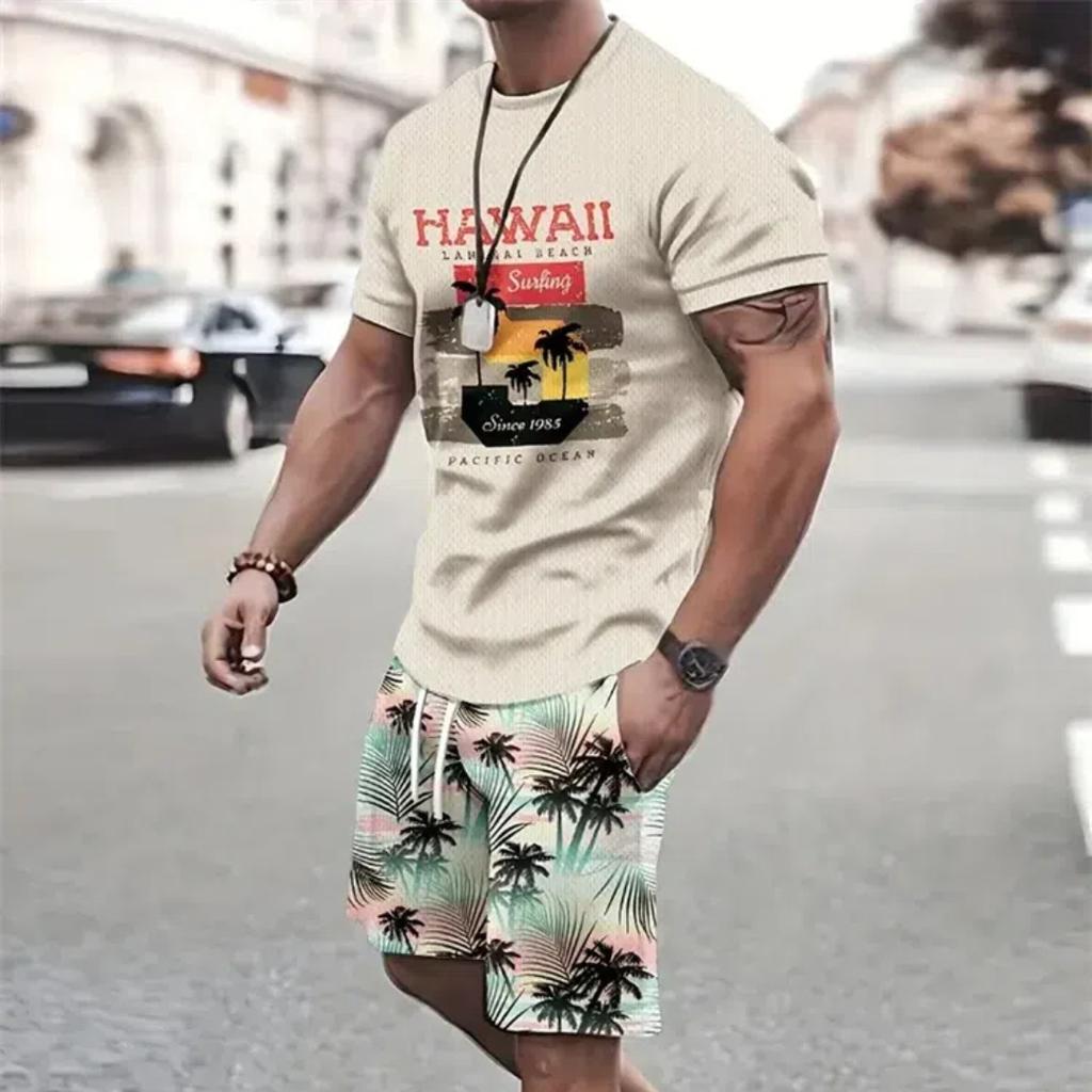 Καλοκαιρινό Σετ Μπλούζα και Σορτς Μόδας Υψηλής Αισθητικής Δρόμου Ανδρικό Ανδρικό 3D Κοντομάνικο Άνετο Τοπ Στυλ με Εκτύπωση Ντεγκραντέ Καρύδας