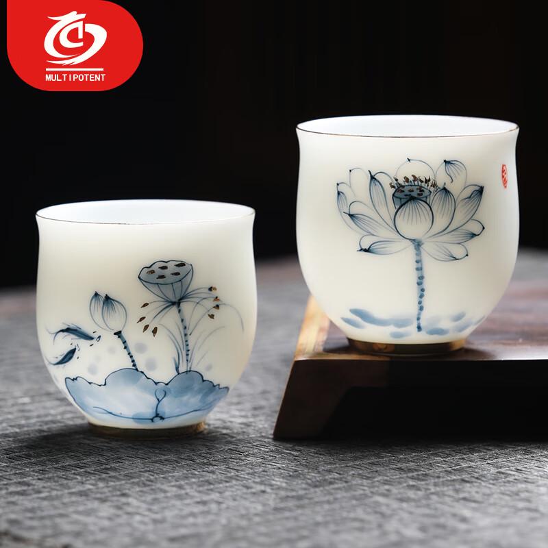 

MULTIPOTENT Hand-Painted Green Lotus Ceramic Tea Master Cups (Set of 2)
