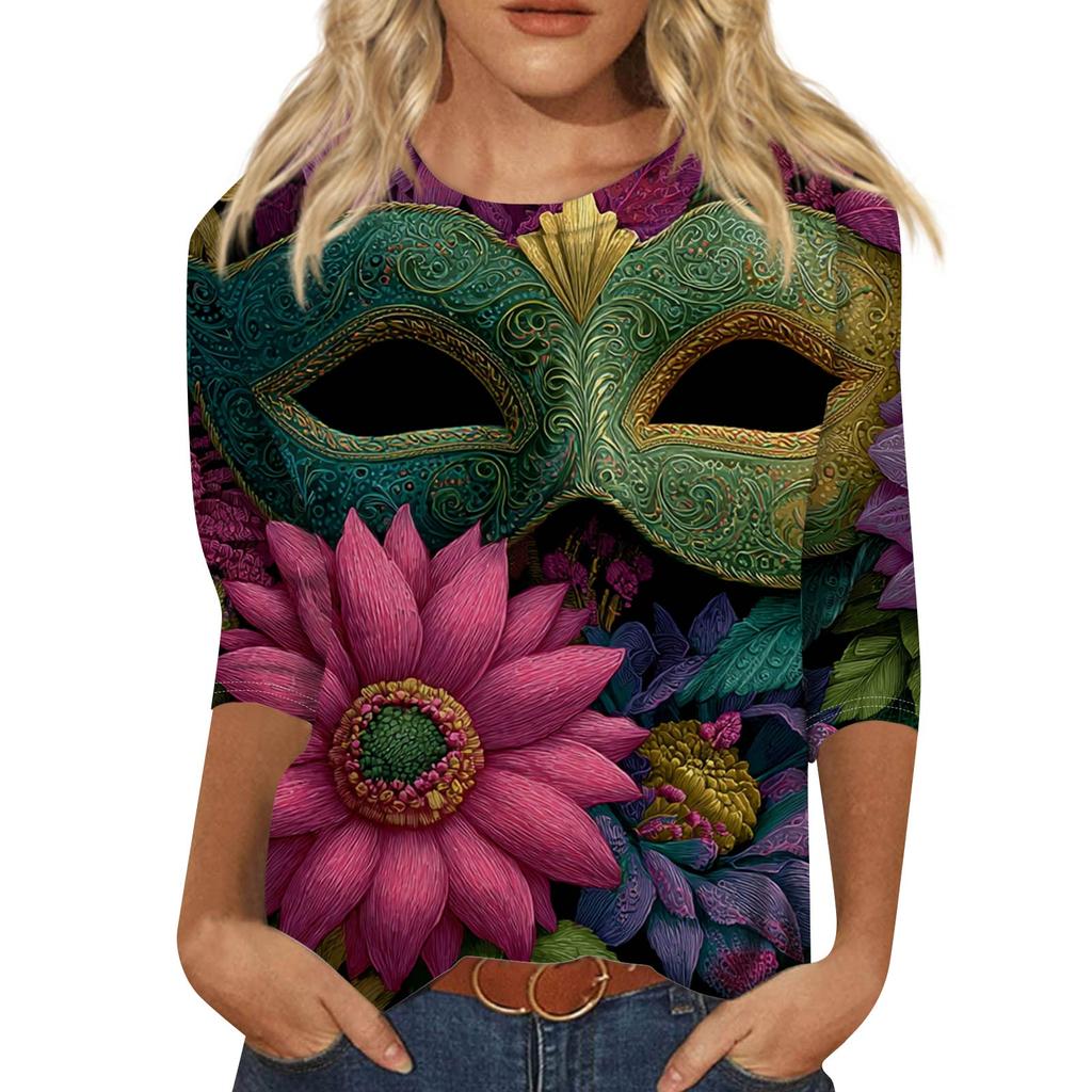 Women's Fashionable Casual Three-Quarter Sleeve Carnival Print Neck Top