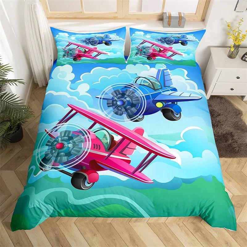Aircraft Queen Duvet Cover Set Cartoon Airplane Bedding Set Polyester Clouds Stars Moon Print Comforter Cover For Kids Boys Room