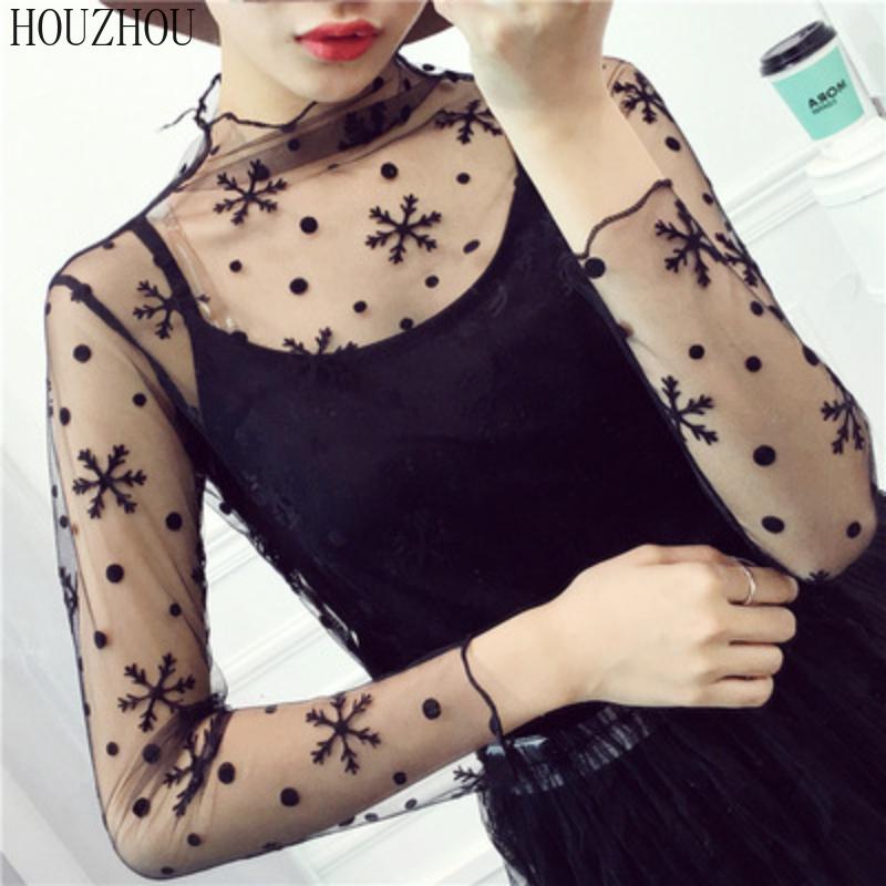 HOUZHOU Black Lace T-shirt Women Sexy Mesh Sheer Party Clubwear Chic Long Sleeve Print T-shirt