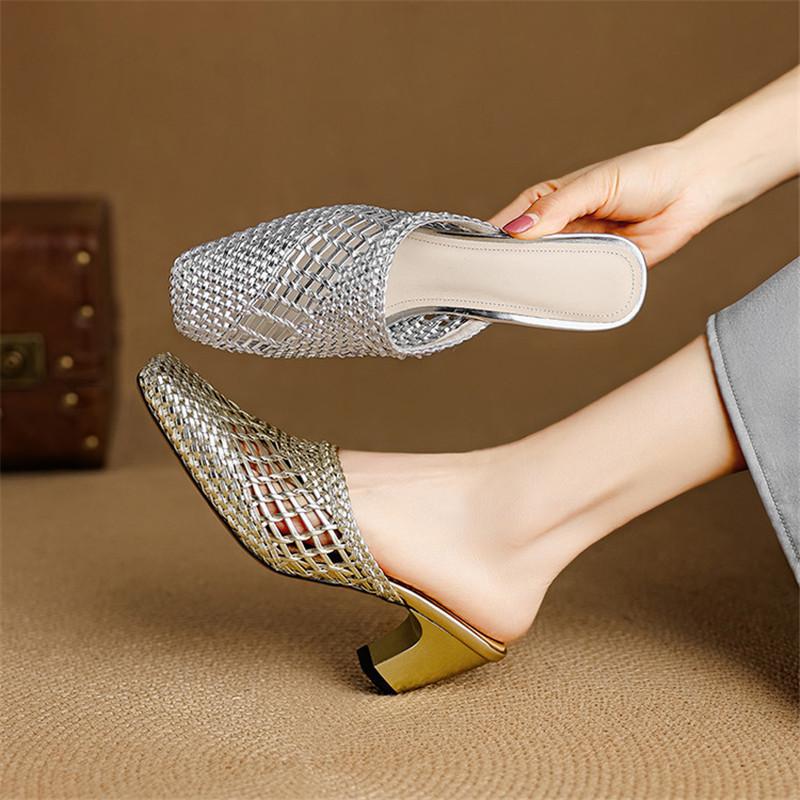 Fashion New Summer Slippers Microfiber Slippers for Women Fashion Hollow Out Mules Square Toe High Heels Cover Toe Slippers Sandals