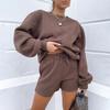1116 Spring and Autumn Women's New, Solid Color Loose and Versatile Casual Crew Neck Sweater Shorts Set