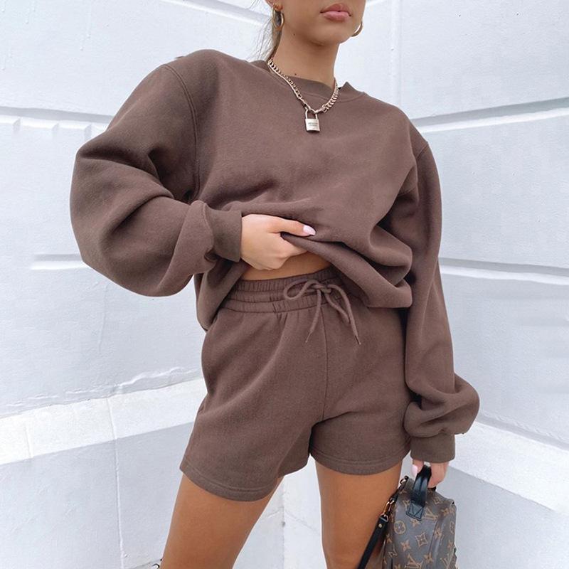 1116 Spring and Autumn Women's New, Solid Color Loose and Versatile Casual Crew Neck Sweater Shorts Set