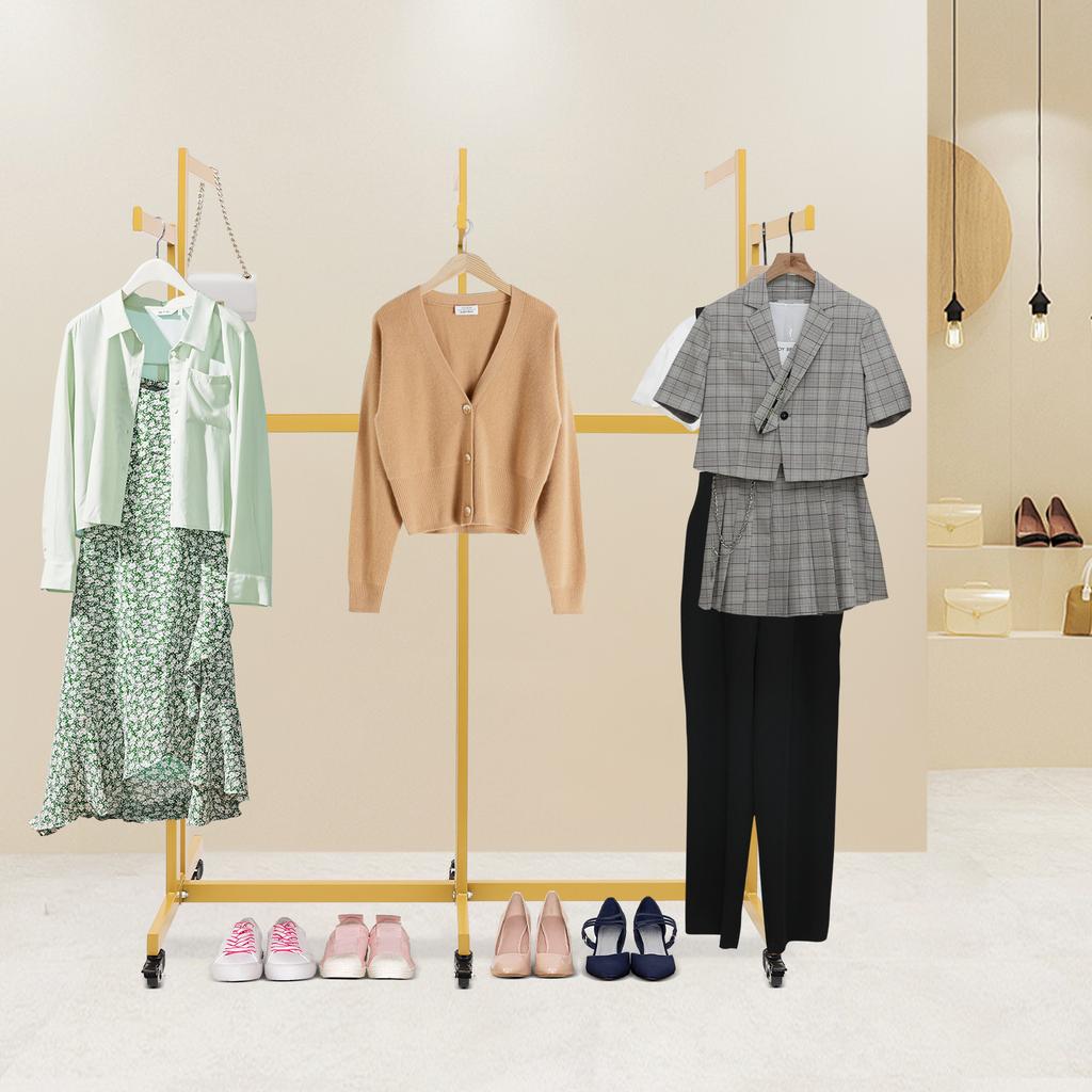 6-Arm Gold Iron Clothing Display Rack, Garment Retail Rack with Smooth Rolling Wheels,Adjustable Height Shirt Display Rack
