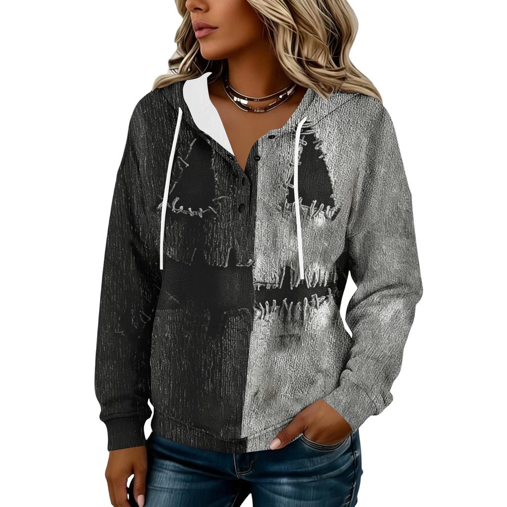 Women's Fashion Hooded Halloween Print Sweatshirt with Buttons for Festive