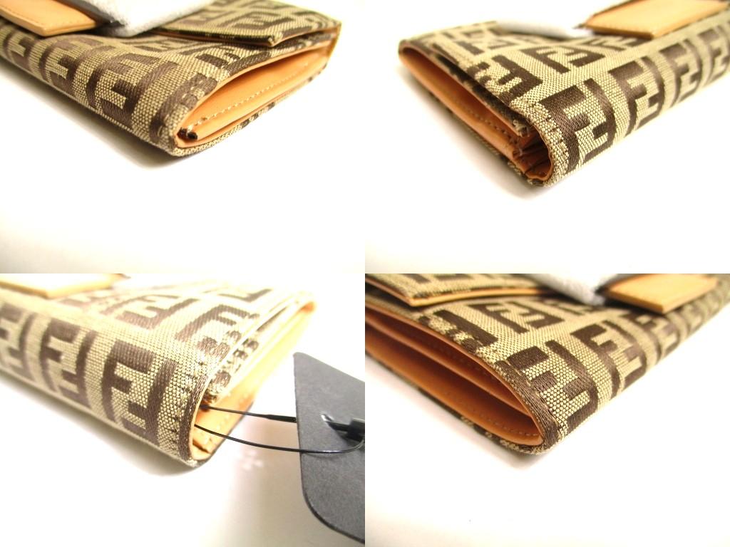 Authentic FENDI Zucca Khaki Canvas Brown Leather Bifold Wallet Compact Wallet #b014  Refurbished