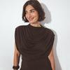 C25TP449 Women's Solid Color Sleeveless Slim Fit High Neck Draped Top