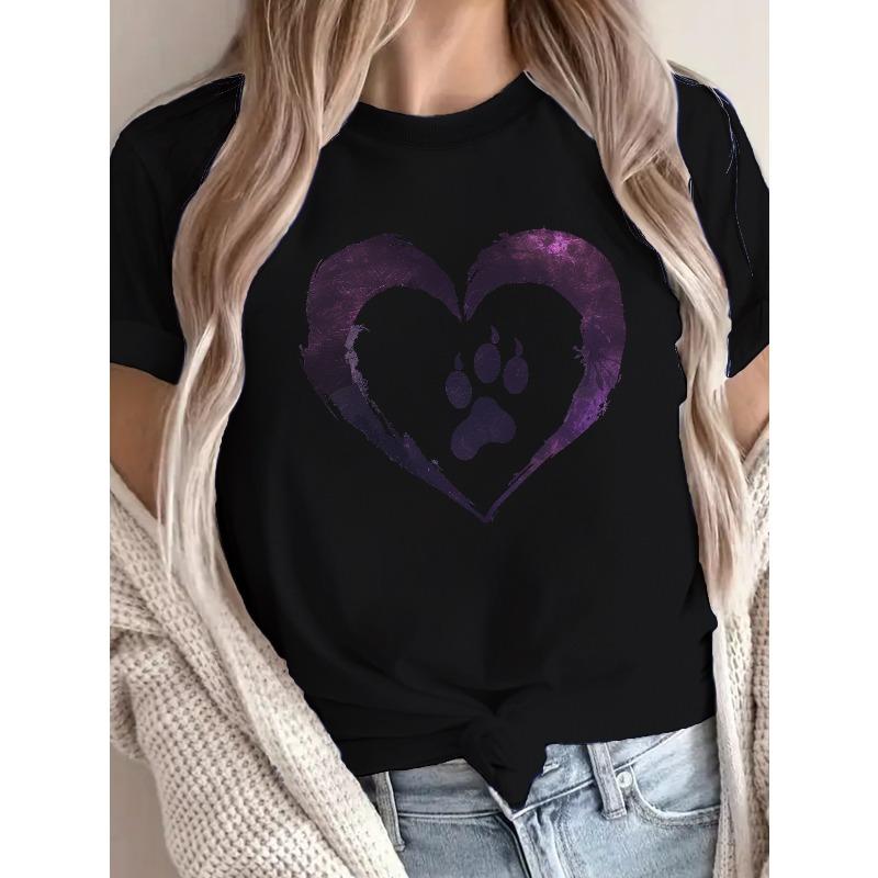 Women's Pure T-Shirt with Pet Lover - Heart & Paw Print Casual Round Neck Top, Comfort Fit - Casual Attire Suitable for Dog & Owners