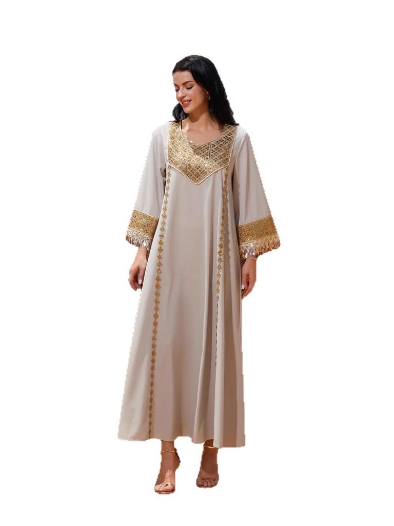 NC75 Women's Vintage Loose Plus Size Abaya: Middle Eastern Patchwork Sequin Robe with Round Neck