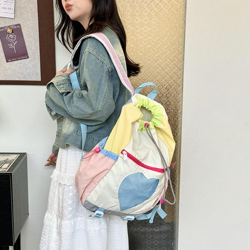 Schoolbag Backpack Female Travel Lightweight High Value Foreign Style High Sense Drawstring Backpack Female Contrasting Color Small Fresh Student