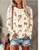 Women Long Sleeve T‑Shirt Christmas All Over Print Candy Cane Gingerbread Man Bow Snowflake Crew Neck Casual Tops