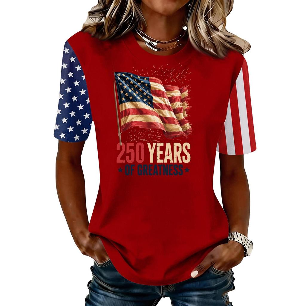 Women's Casual Short Sleeve T-Shirt 250 Years of Greatness Graphic Print Crew Neck Top Independence Day Themed Apparel