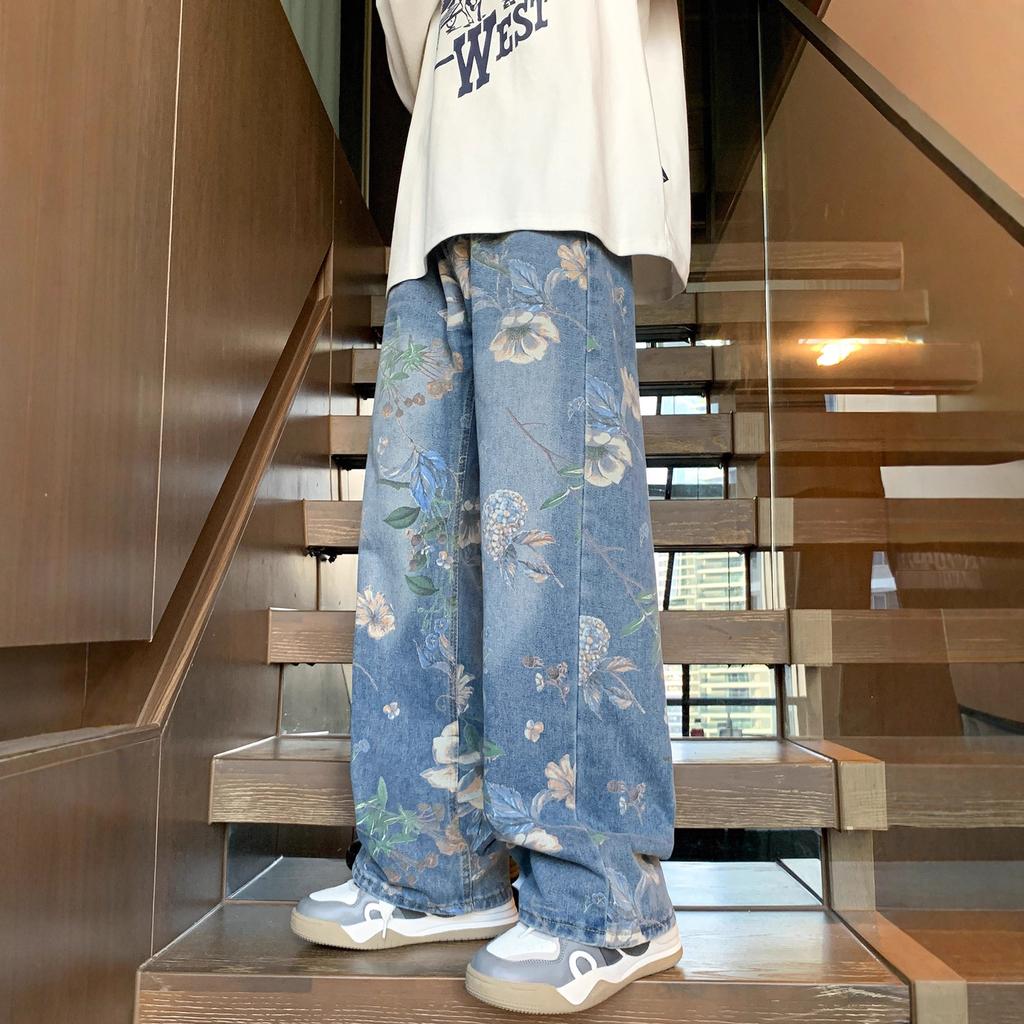 American Street Print Jeans Men's Autumn Trendy Brand Vibe Style Loose and Versatile Design Sense Mopping Wide Leg Pants