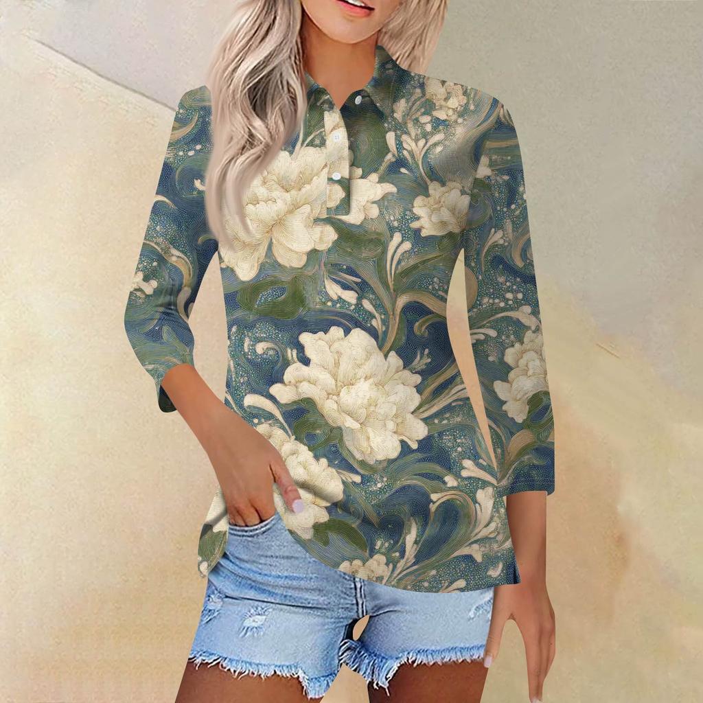 Women's Fashion Casual Lapel Short Sleeve Printed Shirt Women's Button Up Tops