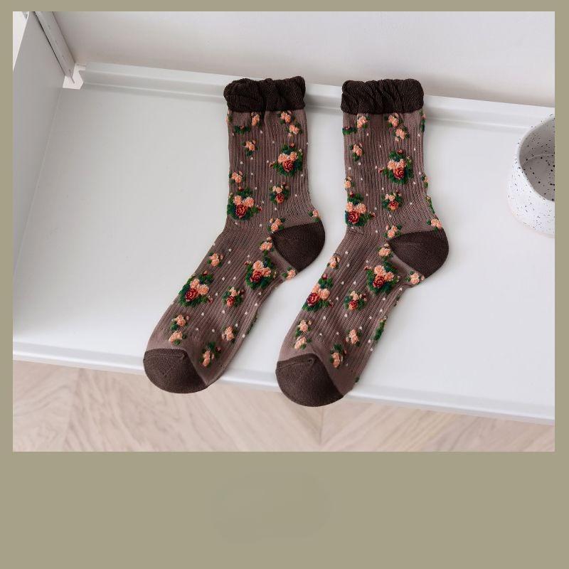 Women's Spring and Summer Thin Mid-calf Socks, Retro Floral Pile Socks, Lace Transparent Glass Fiber Socks