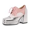 Fashion Red British Women Mixed Color Derbies Women High Thick Heels Pink Silver Oxfords Party Shoes Lace-up Square Toe Platform Brogues