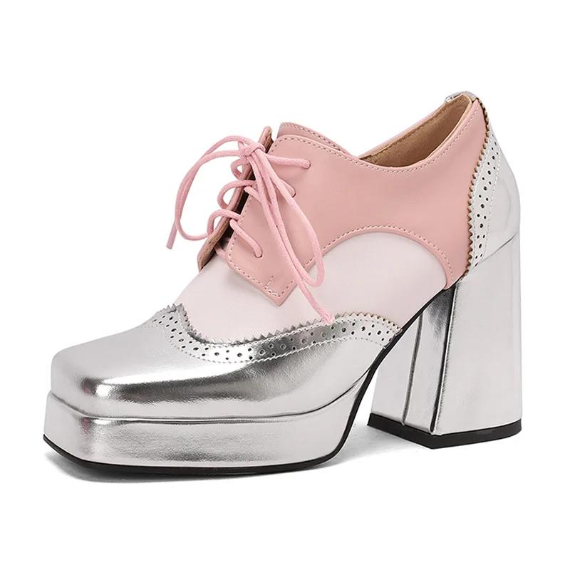 Fashion Red British Women Mixed Color Derbies Women High Thick Heels Pink Silver Oxfords Party Shoes Lace-up Square Toe Platform Brogues