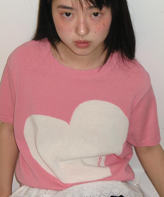 RONRON Big Heart Short Sleeve Knit Soft Pink