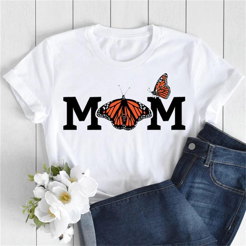 Nové dámské tričko Módní MÁMA Motýl Květinový potisk Tričko Ležérní topy s krátkým rukávem Tričko Dámská trička 90. léta Dámské tričko
