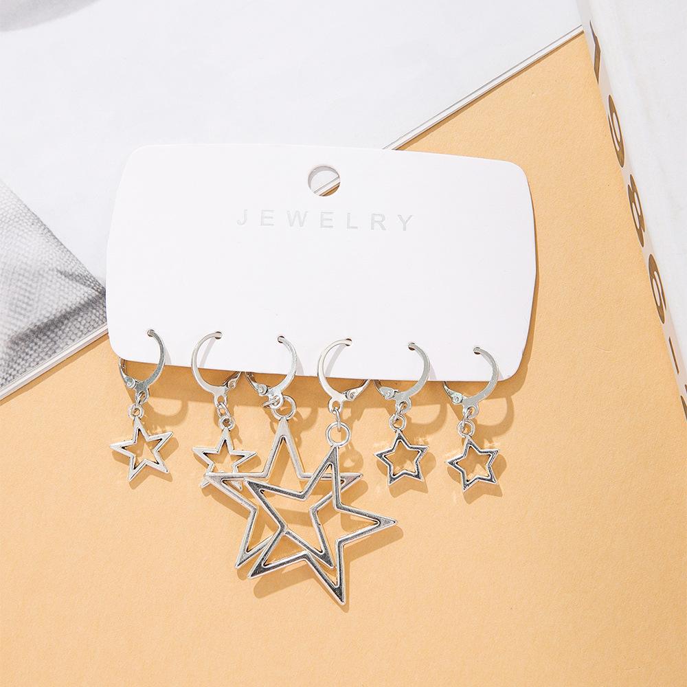 European and American Jewelry Fashionable and Simple Stud Earrings Set, Hollow Five-pointed Star, Earrings, Various Earrings, Women