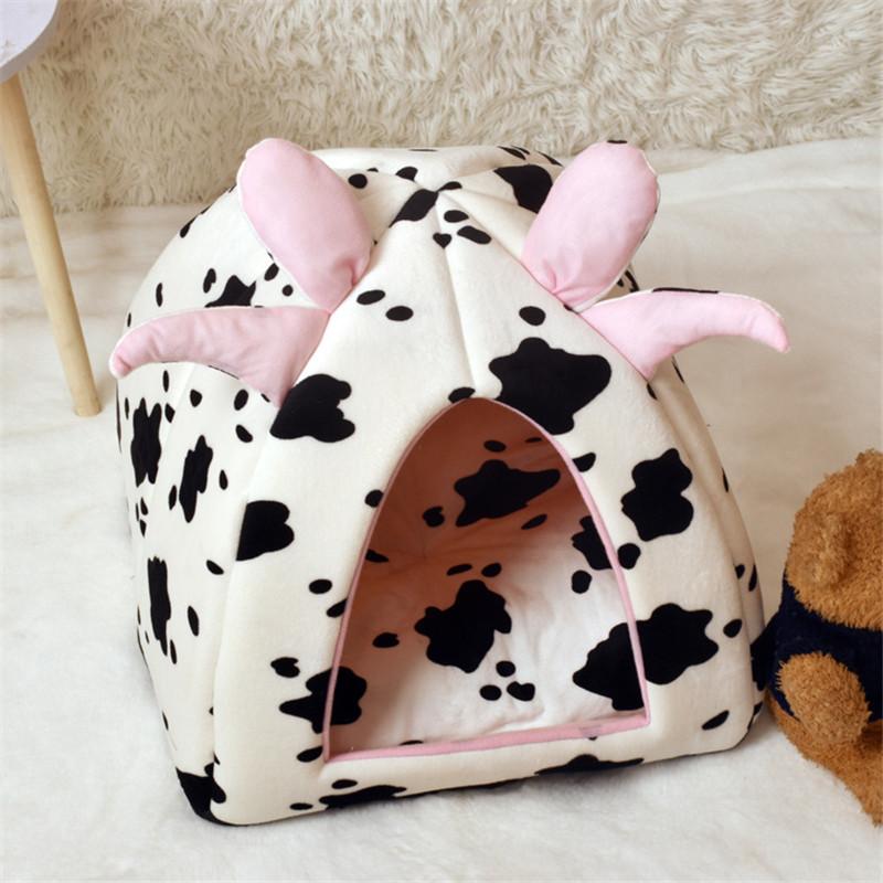 Pet Tent Cave Bed for Cats Small Dogs Self-Warming Cow print Cat Tent Bed Cat Hut Comfortable Pet Sleeping Bed
