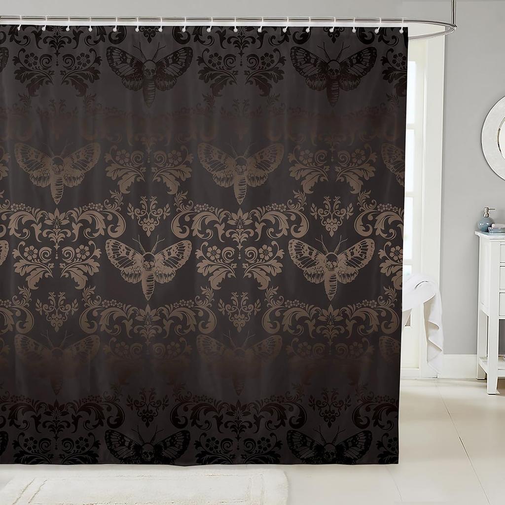 Vintage Boho Damask Floral Bathroom Curtain,Bohemian Exotic Goth Shower Curtain Victorian Baroque Flower Shower Bathtub Decor