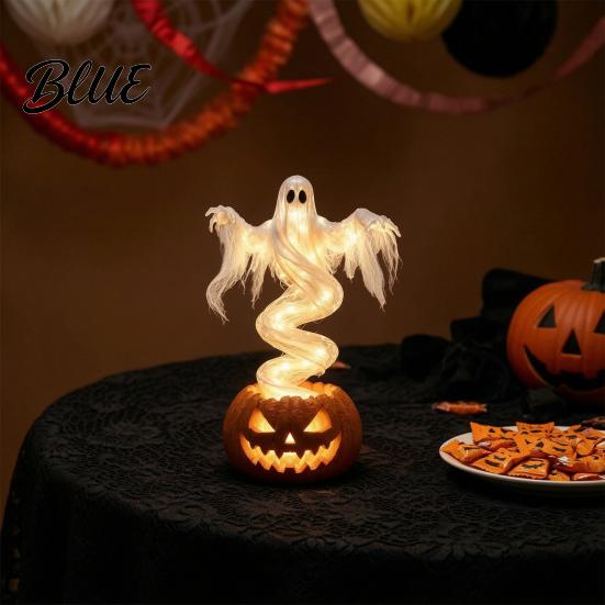 Glowing Tabletop Figures Ghost Pumpkin Yard Lamp Halloween Resin Figurine with Warm LED Light Battery Operated Glow Ornaments Spooky Swirling