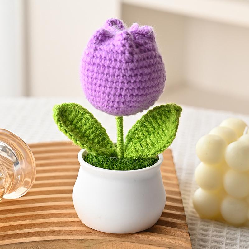 Mini Tulips Crochet Flowers Potted Cute Knitting Flowers Table Car Decor Handmade Artificial Tulips Flores