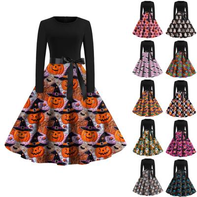 Damen Halloween Bedrucktes Kleid mit Rundhalsausschnitt und langen Ärmeln und großem Schwung, schmale Passform