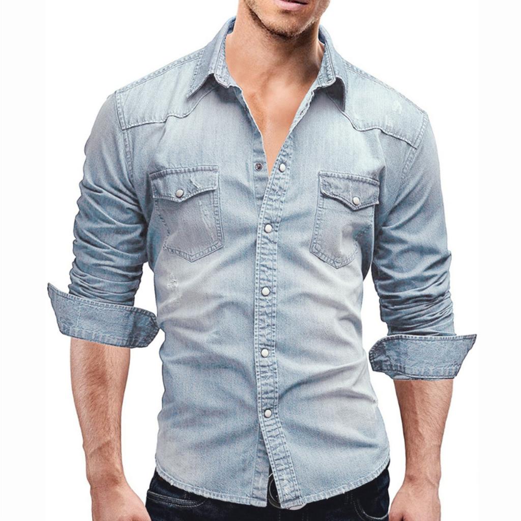 Men's Autumn Casual Long Sleeve Lapel Denim Washed Shirt Men's Tops Men's Shirts