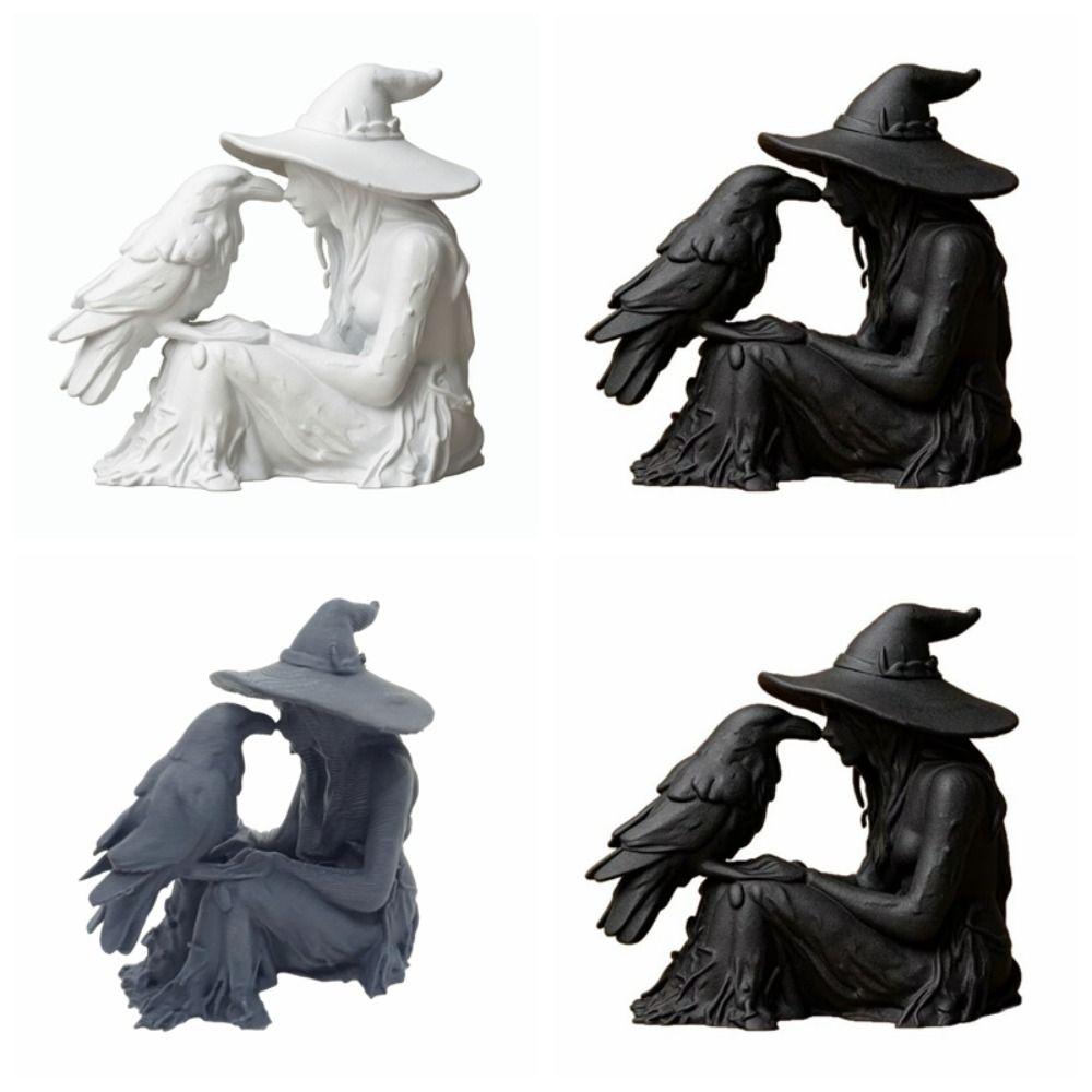 Desk Ornaments Witch Sculpture Gothic Style Halloween Decoration Bird and Girl Sculpture Office