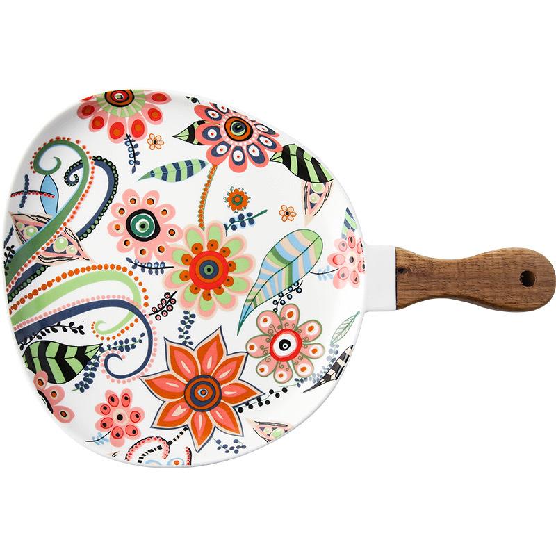 Colorful Floral Ceramic Handled Plate, Creative Decor Food Serving Dish with Solid Wood Handle, Microwave Unavailable