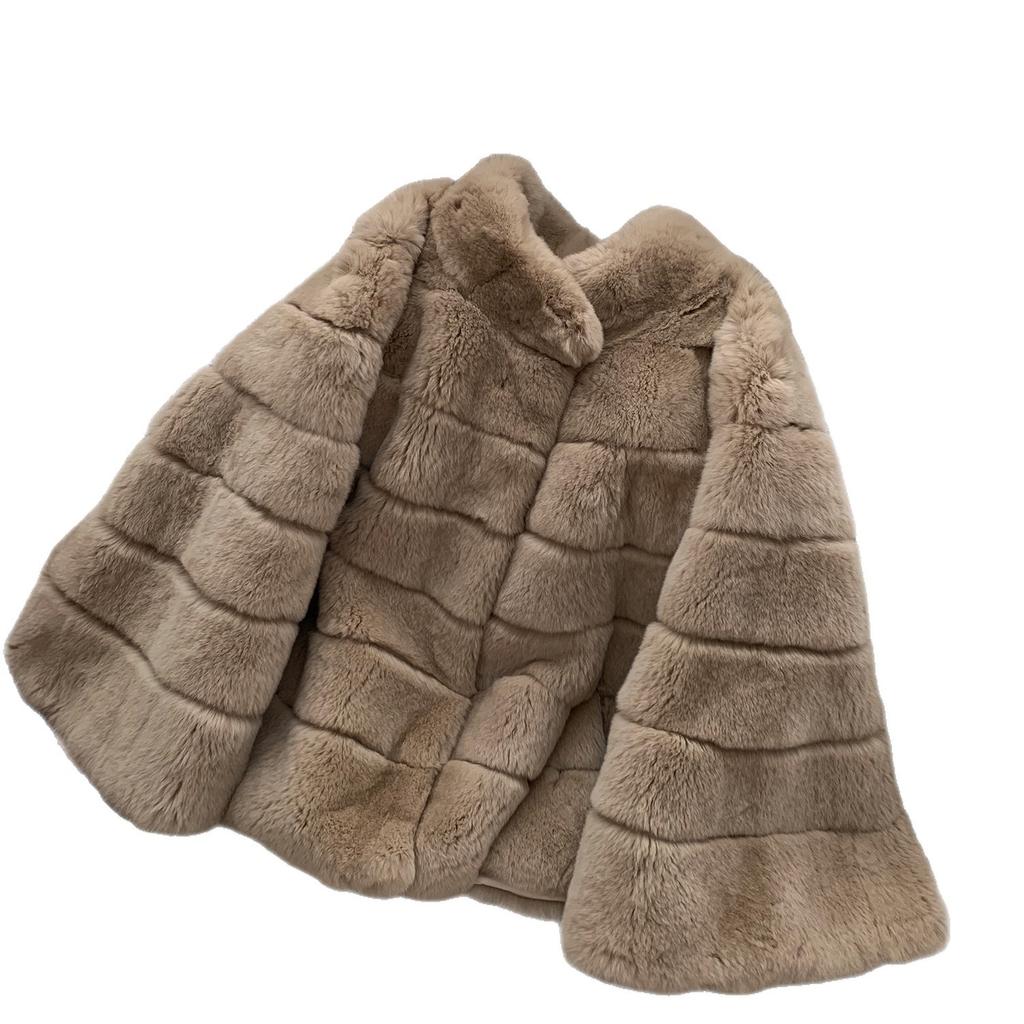 Women's fashion short fur jacket temperament celebrity nine-quarter sleeve small stand-up collar imitation rabbit plush jacket