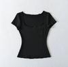Pocket Square Neck Short Sleeve T-Shirt Women's Summer New American Spice Girl Solid Color Fungus Edge Slim Bottom Top