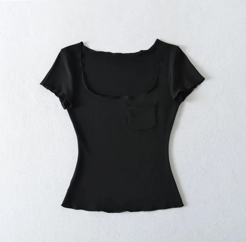 Pocket Square Neck Short Sleeve T-Shirt Women's Summer New American Spice Girl Solid Color Fungus Edge Slim Bottom Top