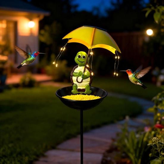 Solar Bird Feeder Stake Outdoor Garden Patio Yard Holding Umbrella Frog Fox Snowman Turtle Bird Bath Watering Station Feeding Device with Light