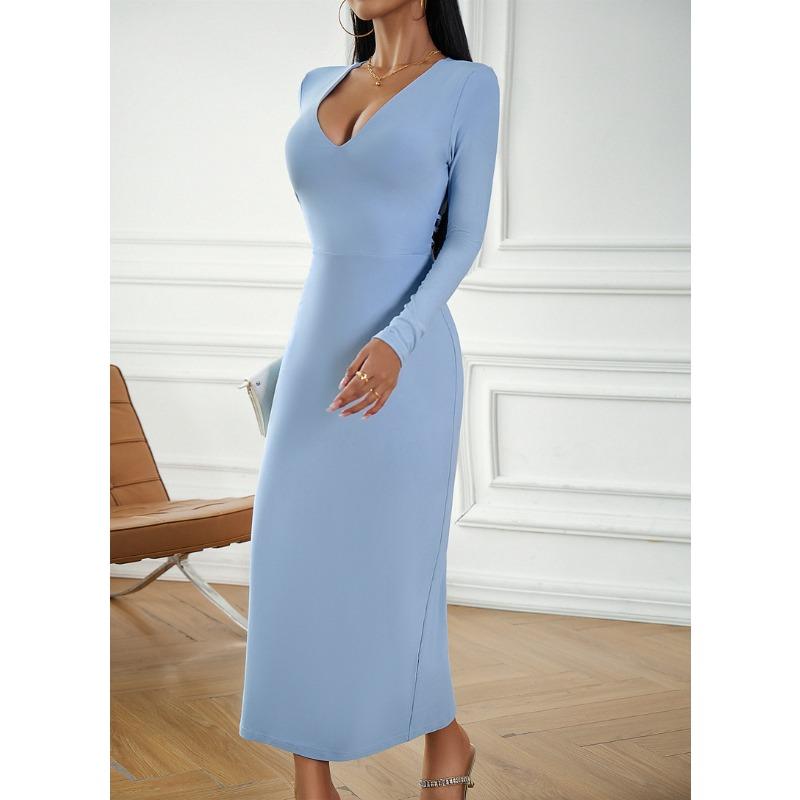 Women's Clothing Independent Station Sexy V-neck Hip-hugging Long-sleeved Dress