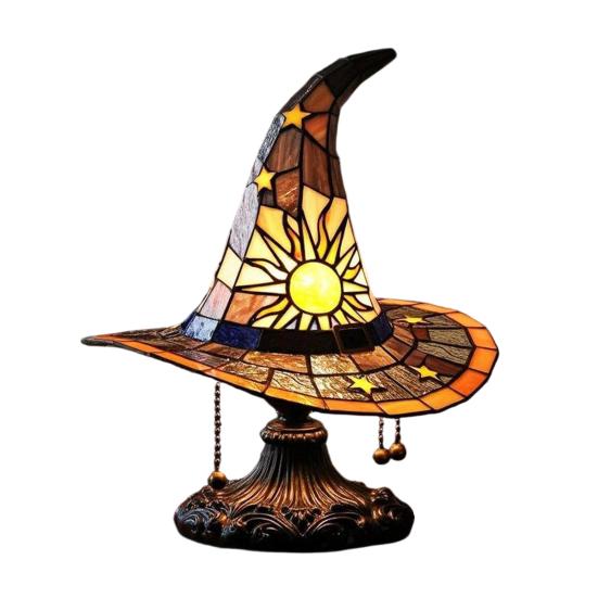Stained Glass Style Witch Hat Lamp, USB Powered Resin Wizard Hat Night Light with Sun Star, Gothic Halloween Table Lamp for Bedroom Bookshelf Mantel