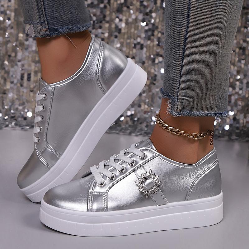 Fashion Women's Fashion Sneakers Gold Silver Low Top Casual Sports Shoes Women Metal Decor Comfortable Non Slip Walking Shoes Plus Size