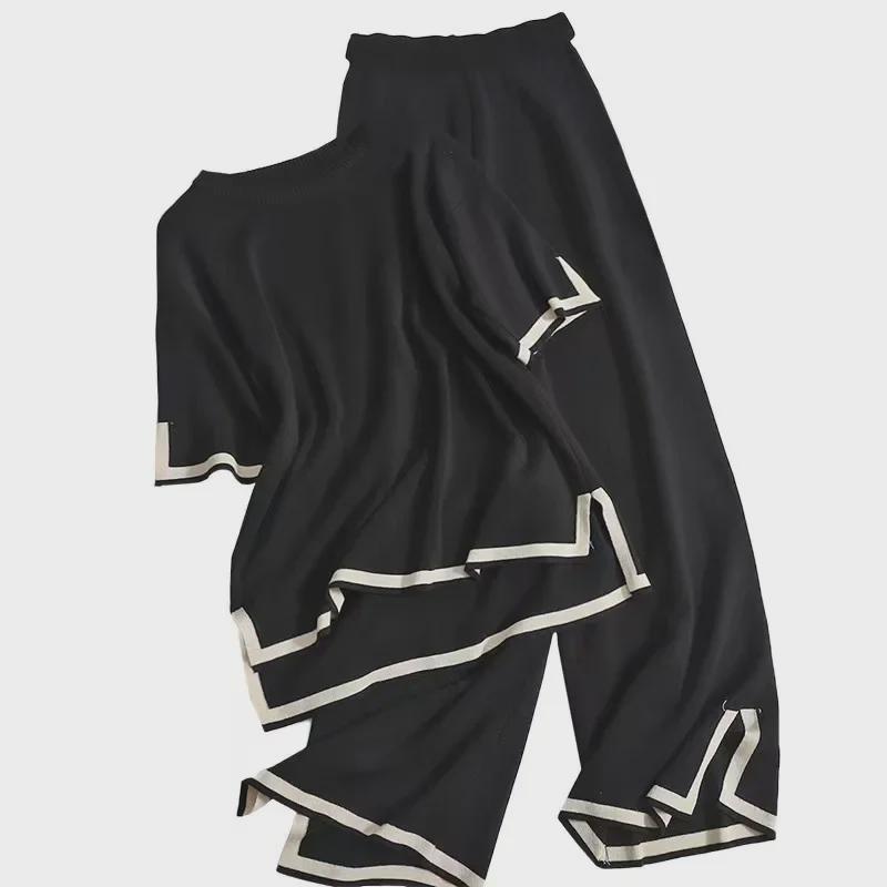 Dvoudílná sada: Svetr s krátkým rukávem v kontrastní barvě a kalhoty s vysokým pasem a širokými nohavicemi