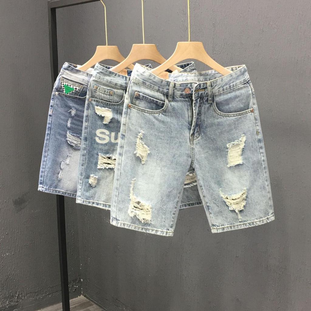 2024 Men's Luxury Ripped Denim Shorts - Light, Elastic, Mid-length Spliced Design