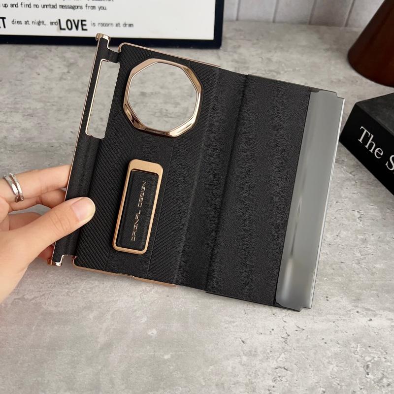 Luxury Dual Strap Leather Case For Huawei Mate XT XTs Dual Hinge Protection Metal Rotatable stand Smart View Window Full Cover Huawei Mate XT Ultimate