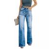 Womens High-Waisted Wide-Leg Denim Pants With Distressed Washed Effect Slimming Fit