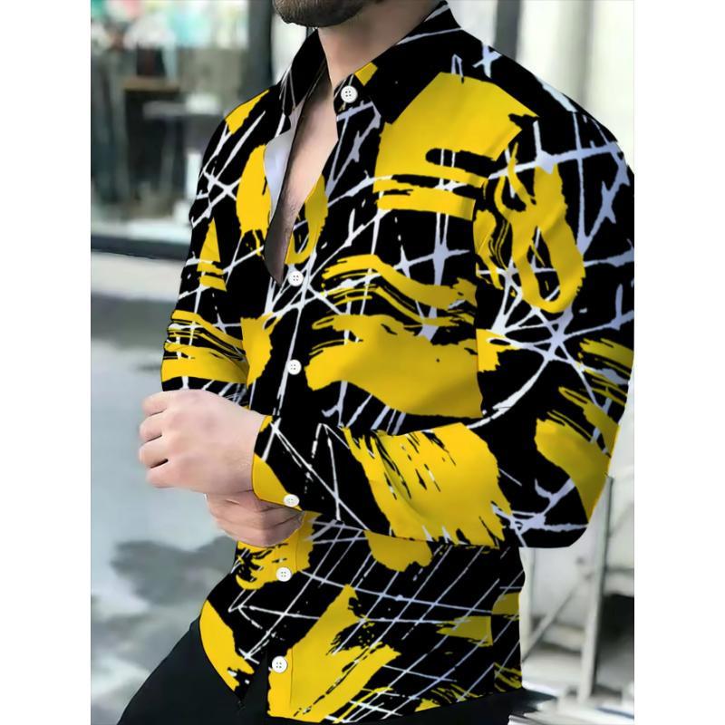 Men's Printed Long Sleeve Button Down Shirts Turn Collar Nightclub Casual Camisas Hombre Plus Size Streetwear Fashion Top