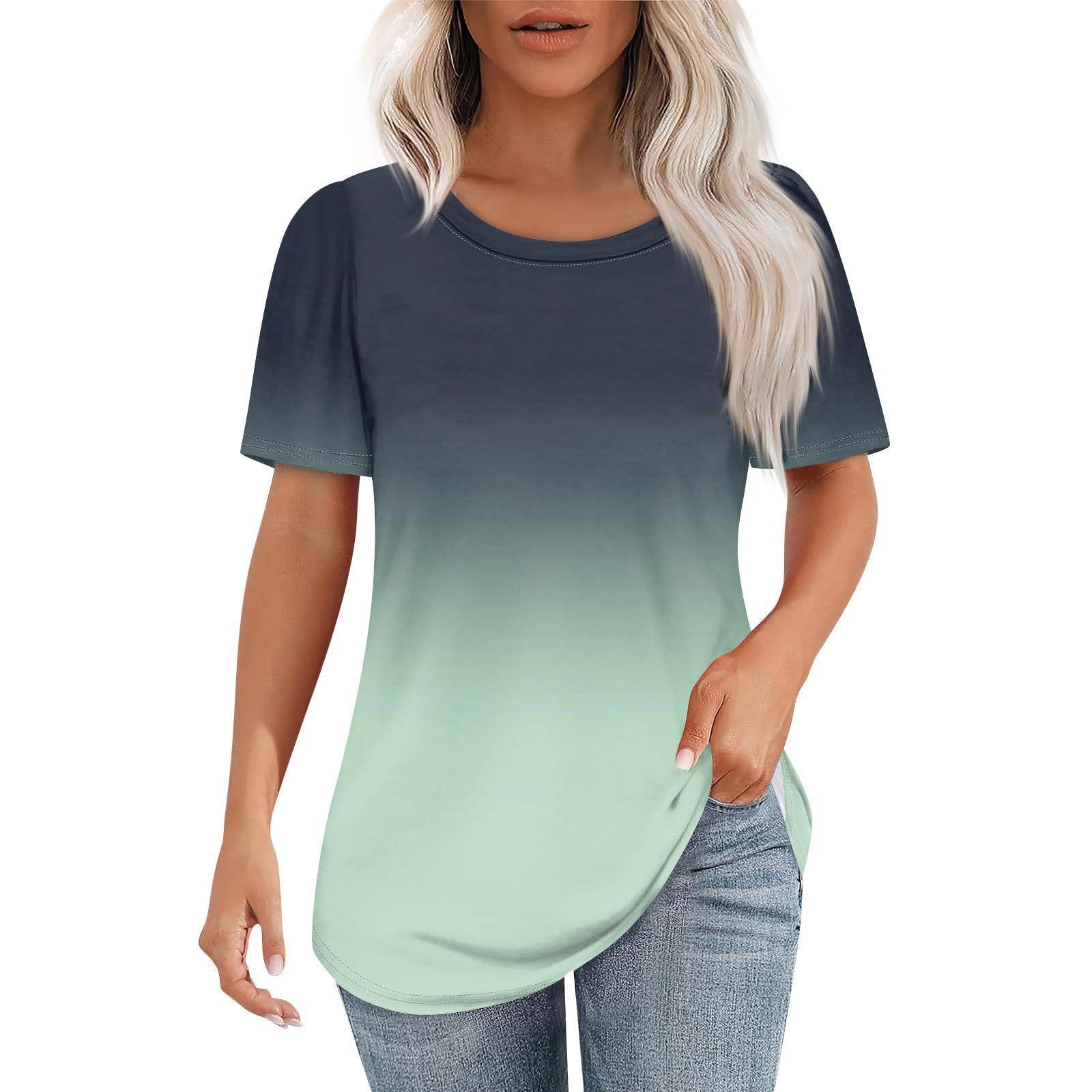 

Повседневные и Универсальные Высококачественные Женские Футболки с Коротким Рукавом и Круглым Вырезом с Цветным Градиентом XS